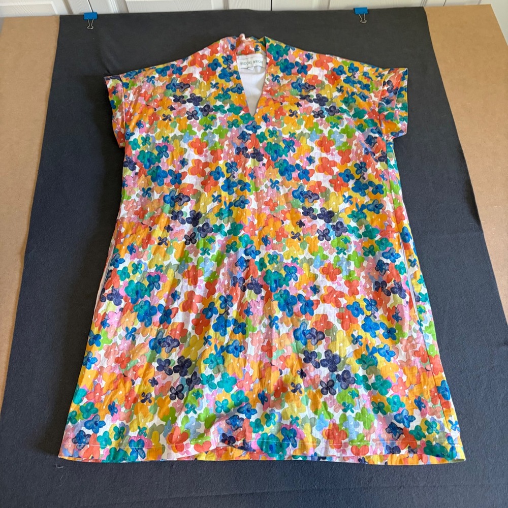 Brooke Wright Floral Shift Dress Womens L Pink Blue Core Feminine Linen Cotton